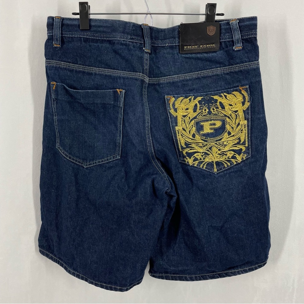 Y2K Hip Hop Skater Vintage Phat Farm Jean Baggy Embroidered Denim Shorts 34 Blue